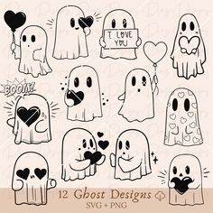 12 ghost designs in black and white, with hearts on the nose, heart shaped balloons,