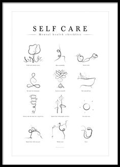 a black and white poster with the words self care in different languages, including an image of