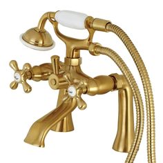 a gold faucet with two handset and hose