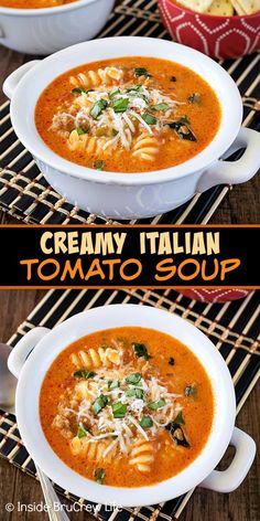 two bowls filled with creamy italian tomato soup