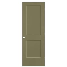 the interior door is painted in an olive green color and has two panels on each side