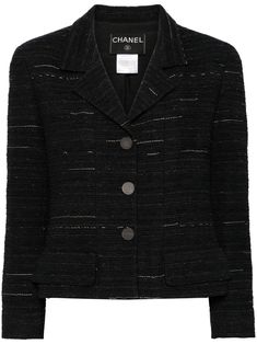 circa 1999 black wool blend tweed notched lapels front button fastening shoulder pads long sleeves two front flap pockets silk lining straight hem Condition: GOOD. This previously owned and used item is in good condition with minimal signs of use. This may include fading of material or plating and scratches. Purchasing this item continues its narrative and reduces the environmental impact by avoiding the use of new resources needed to make the product from scratch, such as water, materials and electricity, and avoiding additional manufacturing impact. Learn more about what makes a product Conscious on our Conscious Criteria page Shopping Chanel, Black Tweed, Yoko London, Fantasy Gowns, City Dress, Summer Beach Wear, Chanel Black, Ballet Flat Shoes, Environmental Impact