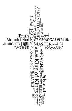 the cross is made up of words that are all in different colors and fonts