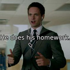 a man wearing a suit and tie with the words he does his homework