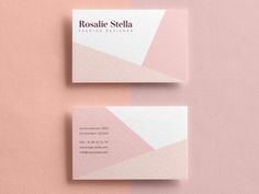 two pink and white business cards on top of each other with the same color scheme