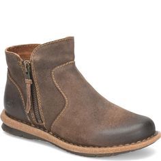 Thia | Born Shoes Casual Brown Moto Boots With Suede Lining, Brown Waxed Finish Boots For Fall, Rugged Brown Moto Boots With Suede Lining, Fall Ankle Boots With Stitched Sole, Rugged Slip-on Boots For Fall, Rugged Fall Slip-on Boots, Casual Distressed Brown Oiled Leather Boots, Distressed Brown Round Toe Boots For Fall, Rugged Moto Boots With Suede Lining For Fall