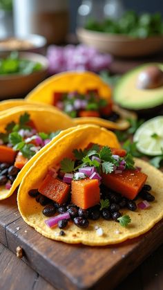 Roasted Sweet Potato and Black Bean Tacos Potato And Black Bean Tacos, Sweet Potato And Black Bean, Black Bean Tacos, Bean Tacos, Roasted Sweet Potato, Taco Night, Pickled Red Onions