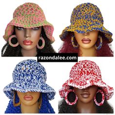 three hats with different colors and designs are shown on a mannequin's head