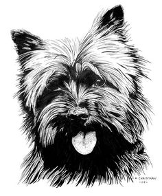 a black and white drawing of a dog's face with its tongue hanging out