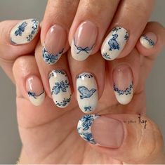 Fine China Nails Design, China Blue Nails, Delft Blue Nails, Blue Willow Nails, Blue And White Porcelain Nails, Delft Nails, Chinoiserie Nails, Claude Monet Nails