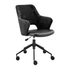 a black office chair with wheels and casteors on an isolated white background, viewed from the front