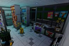 an animated image of a grocery store with many items in the display area and signs on the walls