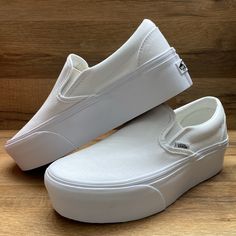 Brand New Authentic In Original Box Platform Upper Textile Platformed White Vans, Platform White Slip On Vans, Vans White Platform Sneakers With Vulcanized Sole, White Slip-on Platform Sneakers, White Platform Vans, White Breathable Slip-on Platform Sneakers, Platform Vans, Vans White, White Platform