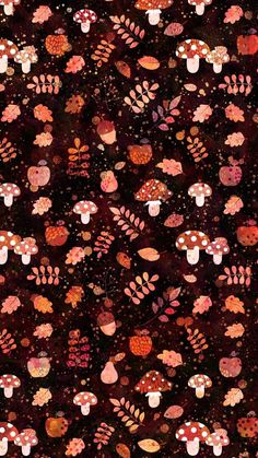 an image of a pattern with mushrooms and leaves on it's surface in red, pink, orange and black colors