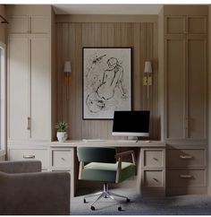 a chair and desk in a room with wood paneling on the walls, along with a painting