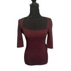 Ribbed-Knit Slips On Mid-Weight Knit Machine Wash Imported Body Hugging/Close Fit 55% Rayon 29% Polyamide 16% Elastane Elegant Ribbed Square Neck Top, Elegant Square Neck Ribbed Top, Fitted Pointelle Knit Top With Scoop Neck, Ganni Sweater, Knit Machine, Brown Top, Ribbed Knit, Scoop Neck, Slip On