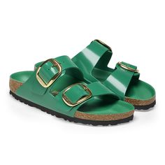 Arizona Big Buckle Natural Leather Patent High Shine Digital Green | BIRKENSTOCK Classic Footbed Sandals With Buckle Closure, Classic Double Strap Footbed Sandals With Buckle, Modern Flat Footbed Sandals With Buckle Closure, Modern Double Strap Footbed Sandals With Buckle Closure, Green Birkenstock, Steve Madden Slippers, Birkenstock Arizona Big Buckle, Arizona Big Buckle, Birkenstock Styles