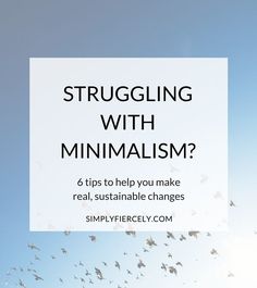 the words struggling with minimalism are in front of a blue sky and birds flying overhead