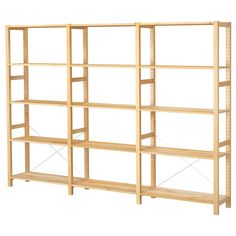 a wooden shelving unit with four shelves on one side and three rows on the other