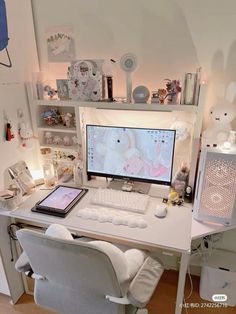 a white desk with a computer monitor, keyboard and mouse on it in a room