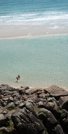 two people are wading in the water near some rocks and grass on the beach