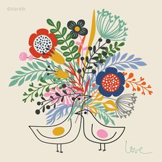 two birds with flowers in their beaks on a white background, and the words love written