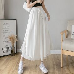 Ingvn Jsvery 2021 Spring Autumn New Style Pleated Chiffon Wide Leg Pan Spring White Ankle-length Bottoms, Casual Spring Pleated Culottes, Casual White Wide Leg Maxi Skirt, Casual White Full-length Skirt, Casual Full Length White Skirt, Casual White Full Length Skirt, Spring Chiffon Bottoms For Day Out, White Flowy Full-length Skirt, White Full Length Flowy Skirt