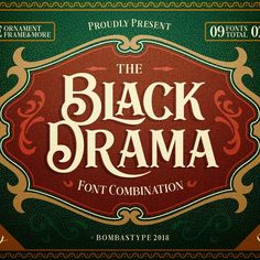 the black drama font combination is displayed on a green and red background with ornate border