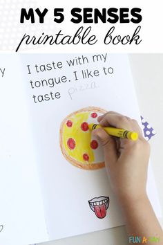 a hand writing on a piece of paper with the words my 5 senses printable book