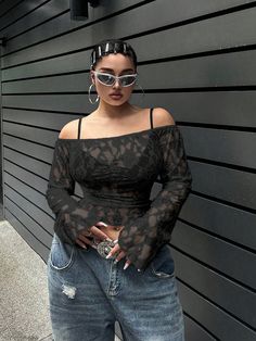 Black Sexy Collar Long Sleeve Knitted Fabric Plain,Plants,All Over Print  Embellished High Stretch Spring/Summer Women Plus Clothing Long Sleeve Top Outfit, Long Sleeve Outfits, Latina Fashion, Plus Size Halloween, Women Long Sleeve Tops, Women Tops, Primavera Estate, Long Sleeve Knit, Plus Size Tops