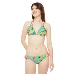 Experience the vibrant energy of our Women's Vibrant Cerulean Splash Strappy Bikini, inspired by our Splash Collection. This eye-catching bikini features a unique design blending shades of Cerulean, Peach, Maroon, and Lime Green. Crafted from an 82% microfiber polyester and 18% spandex blend, this bikini offers a stretchy, medium-weight fabric that is both comfortable and flattering. The top includes removable cups for customizable coverage and comfort. The bikini's adjustable elastic straps ens Rave Outfits Women, Tank Top Swimsuit, Colorful Swimwear, Rave Gear, Puffer Jacket Men, Vibrant Energy, Crop Top Tees, Racerback Dress, Neck Gaiters