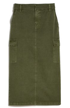 The traditionally rugged cargo aesthetic gets a refined makeover in this olive-hued midi detailed with plenty of pockets. 32" length (size 29) Zip fly with hook-and-bar closure Front slant pockets; cargo flap-patch pockets 81% cotton, 19% viscose Machine wash, tumble dry Imported Khaki Knee-length Skirt With Pockets, Green Utility Mini Skirt, Khaki Cargo Skirt With Side Pockets For Work, Utility Cargo Skirt With Pockets In Khaki, Utility Cargo Skirt With Multiple Pockets In Khaki, Fall Utility Cargo Skirt With Patch Pockets, Utility Style Khaki Cargo Skirt, Green Cargo Skirt With Pockets, Utility Skirt With Pockets In Khaki