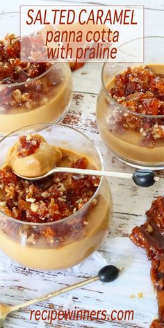 three small bowls filled with food on top of a table