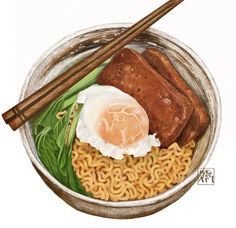 a painting of noodles, meat and vegetables in a bowl with chopsticks