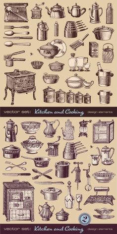 an old fashioned kitchen and cooking poster with different types of items on it's sides