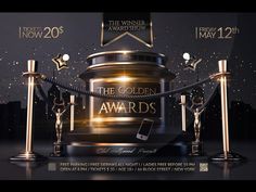 an advertisement for the golden awards is shown in gold and black with some lights around it