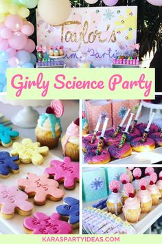 a girly science party with balloons, cookies and cupcakes