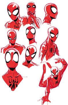 a bunch of spider man poses drawn in red ink