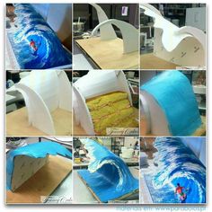 there are pictures of different stages of making a surfboard out of paper machs