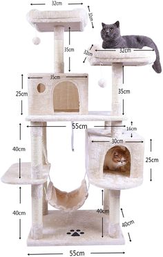 the cat tree is shown with measurements for it's height and features two cats