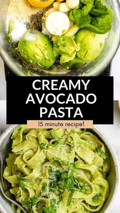 creamy avocado pasta in a bowl with spinach and broccoli