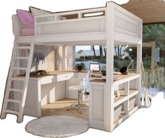 there is a loft bed with desk underneath it