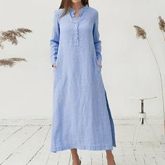 Season:Summer,Spring,Autumn,Winter,Fall; Fabric:Cotton Blend; Sleeve Length:Long Sleeve; Look After Me:Machine wash; Gender:Women's; Style:Comfort,Casual,Basic,Retro; Elasticity:Micro-elastic; Occasion:Home,Daily,Vacation; Age Group:Adults; Fit Type:Loose Fit; Dresses Type:Casual Dress,Cotton Linen Dress,Shirt Dress,A Line Dress; Pattern:Pure Color; Design:Pocket; Neckline:Stand Collar; Special Size:Plus Size; Front page:FF; 2023 Trends:2023; Bust:null; Length:; Shoulder Width:; Waist:; Fit US Size:null; Fit UK Size:null; Fit EU Size:null; Dress Length Type:Maxi long Dress Floryday Vestidos, Sukienki Plus Size, Button Shirt Dress, 여름 스타일, Maxi Shirts, Dress Stand, Womens Fall Dress, Cotton Linen Dresses, Maxi Robes