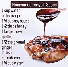 the ingredients for homemade teriyaki sauce being poured on top of a chicken breast