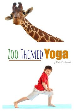 a young boy doing yoga in front of a giraffe