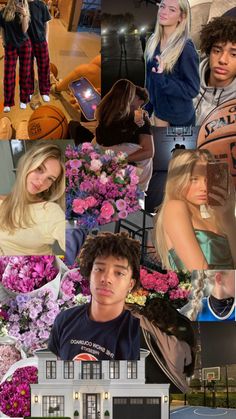 the collage shows people and flowers in front of a house, with one person holding a basketball