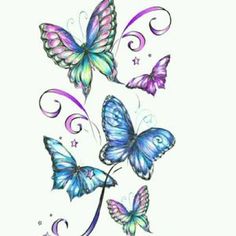 three butterflies with swirls and stars on them