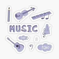 music sticker set with musical instruments and other items in purple on a white background