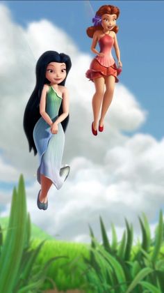 two cartoon girls flying through the air with grass and clouds in the backgroud