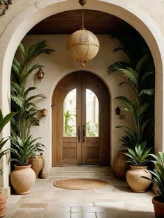 an arched entry way with potted plants on either side and a door in the middle